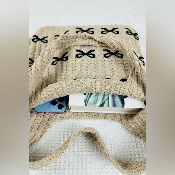 NEW Zenana Tan Knit Bow Tote Bag Cottagecore Coquette Soft Girl Boutique - Picture 3 of 4